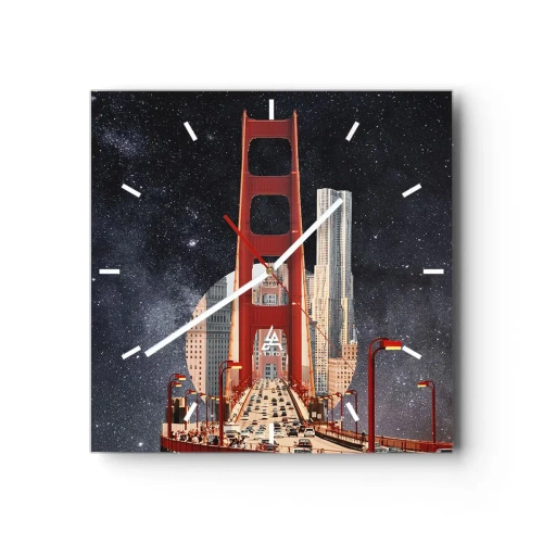 Wanduhr - Glasuhr - Die Golden Gate Bridge mit der Stadt im Hintergrund vor einem Sternenhimmel - 30x30cm - Immer im Mittelpunkt - Moderne Wanddekoration für Wohnzimmer und Schlafzimmer ARTTOR