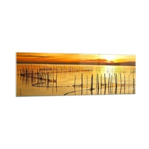 Glasbild - Bild auf glas - Sonnenuntergang über dem Wasser mit Vögeln im Flug - 160x50cm - In der Fischerei - Moderne Wanddekoration für Wohnzimmer und Schlafzimmer ARTTOR