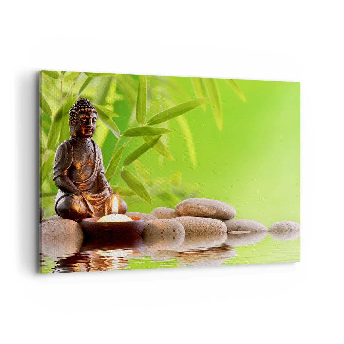 Bild auf Leinwand - Leinwandbild - Buddha-Figur mit Steinen und einer Kerze vor Bambus-Hintergrund - 120x80cm - Das Leben ist wunderschoen - Moderne Wanddekoration für Wohnzimmer und Schlafzimmer ARTTOR