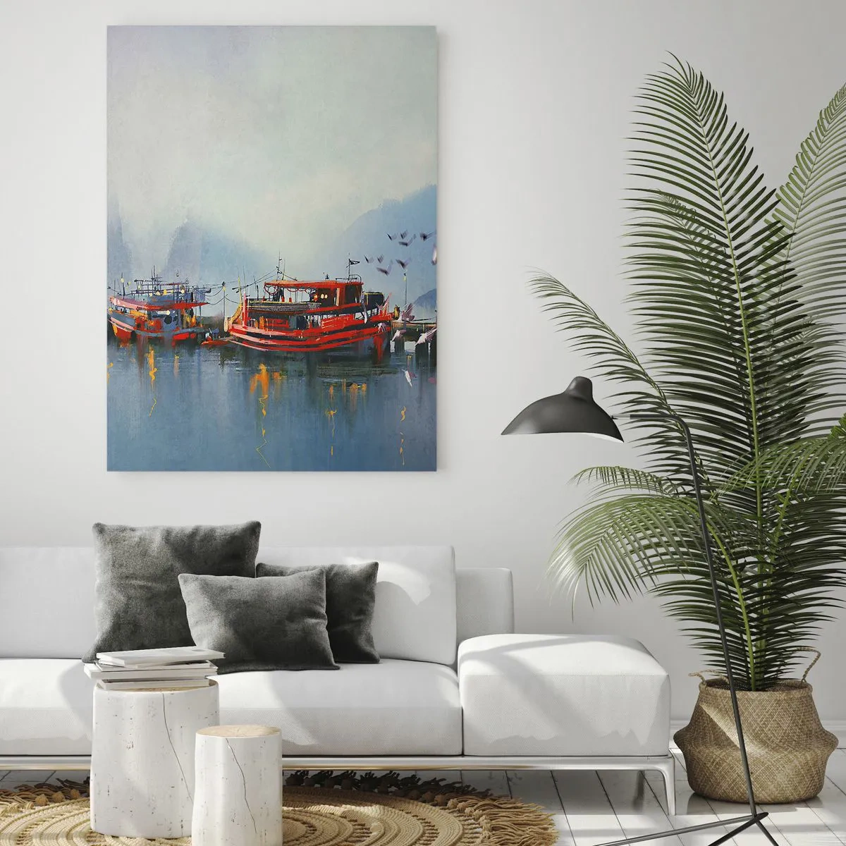 Glasbild - Bild auf glas - Ein Hafen mit roten Booten, einem Leuchtturm und Vögeln vor der Kulisse der Berge - 50x70cm - Am Ende der Welt - Moderne Wanddekoration für Wohnzimmer und Schlafzimmer ARTTOR