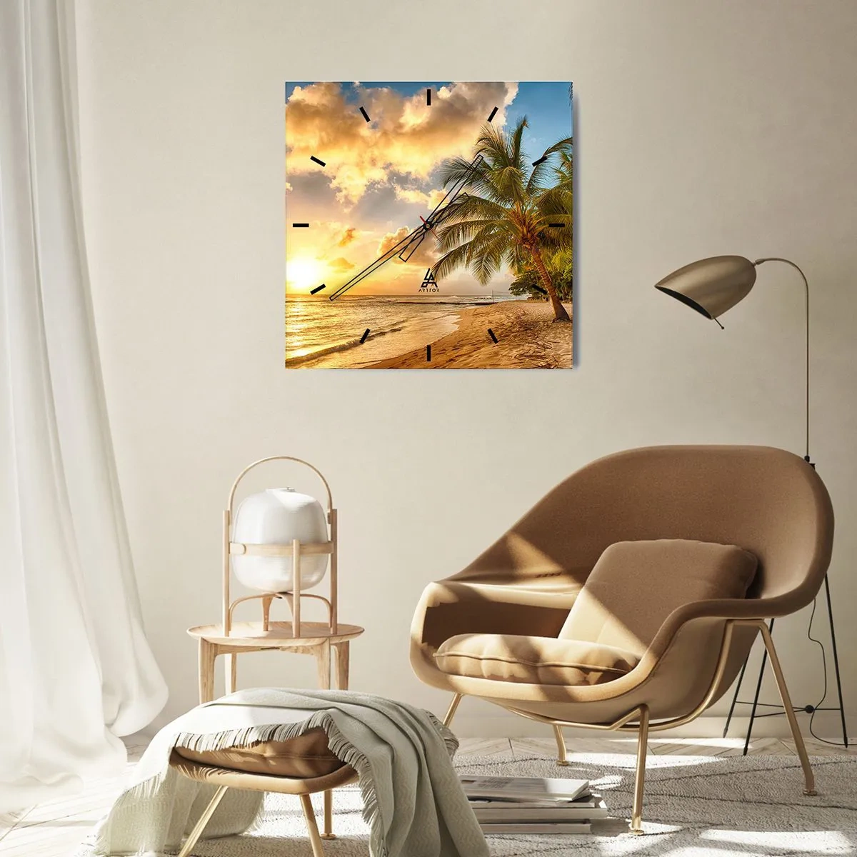 Wanduhr - Glasuhr - Strand mit Palmen und einem Sonnenuntergang über dem Meer - 30x30cm - Ewiger Sommer, immer Urlaub - Moderne Wanddekoration für Wohnzimmer und Schlafzimmer ARTTOR