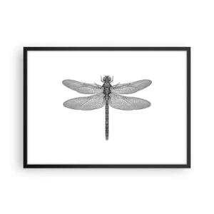 Poster in einem schwarzem Rahmen - Schwarz-weiße Zeichnung einer Libelle auf weißem Hintergrund im minimalistischen Stil - 70x50cm - Präzision der Natur - Moderne Wanddekoration für Wohnzimmer und Schlafzimmer ARTTOR