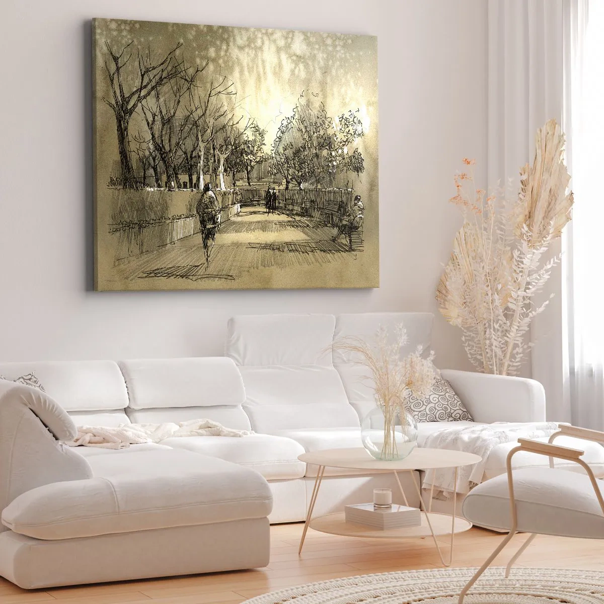 Bild auf Leinwand - Leinwandbild - Eine Cartoon-Szene eines Parks mit spazierenden Menschen in warmen Tönen. - 70x50cm - Ein Moment mit einer Feder angehalten - Moderne Wanddekoration für Wohnzimmer und Schlafzimmer ARTTOR