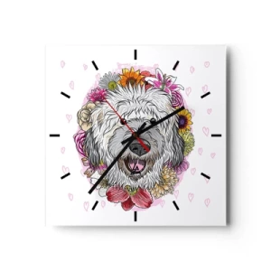 Wanduhr - Glasuhr - Ein Hund umgeben von bunten Blumen - 30x30cm - Welpenfreude - Moderne Wanddekoration für Wohnzimmer und Schlafzimmer ARTTOR