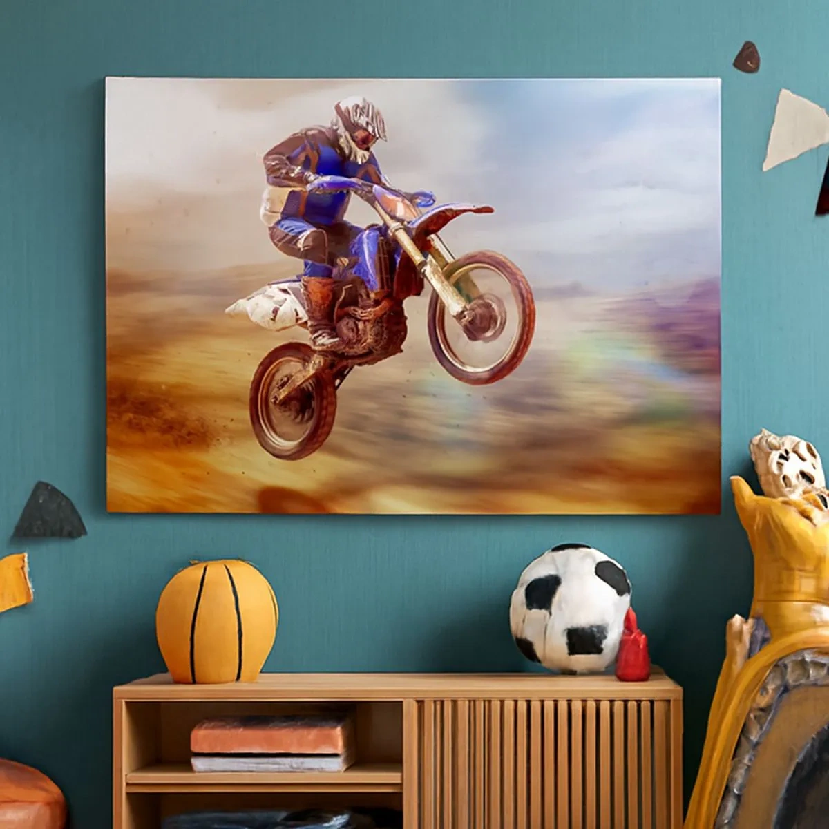 Bild auf Leinwand - Leinwandbild - Ein Motorradfahrer im Flug während einer dynamischen Offroad-Fahrt - 70x50cm - Motorradschwindel - Moderne Wanddekoration für Wohnzimmer und Schlafzimmer ARTTOR