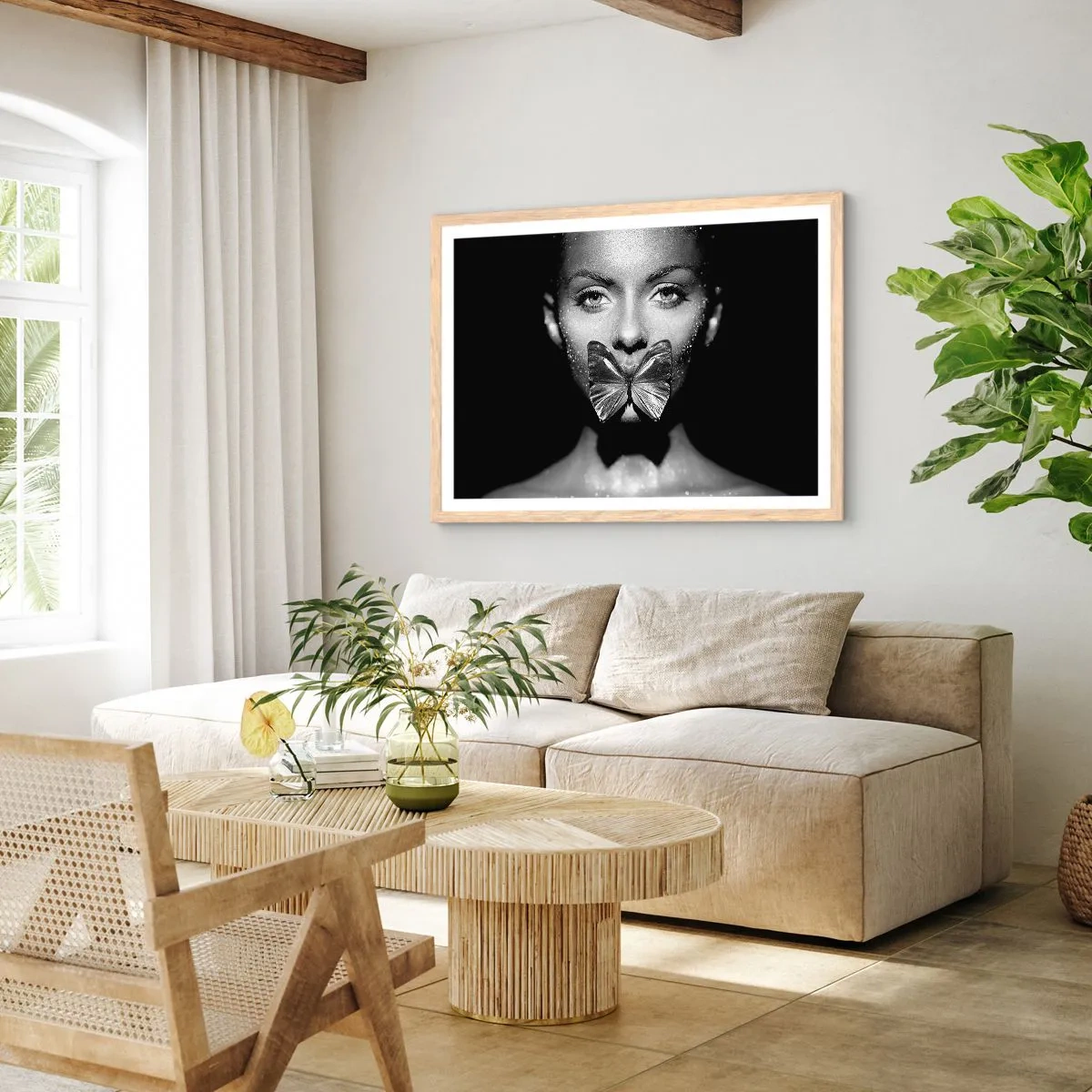 Poster in einem Rahmen aus heller Eiche - Schmetterlingskuss - 70x50 cm