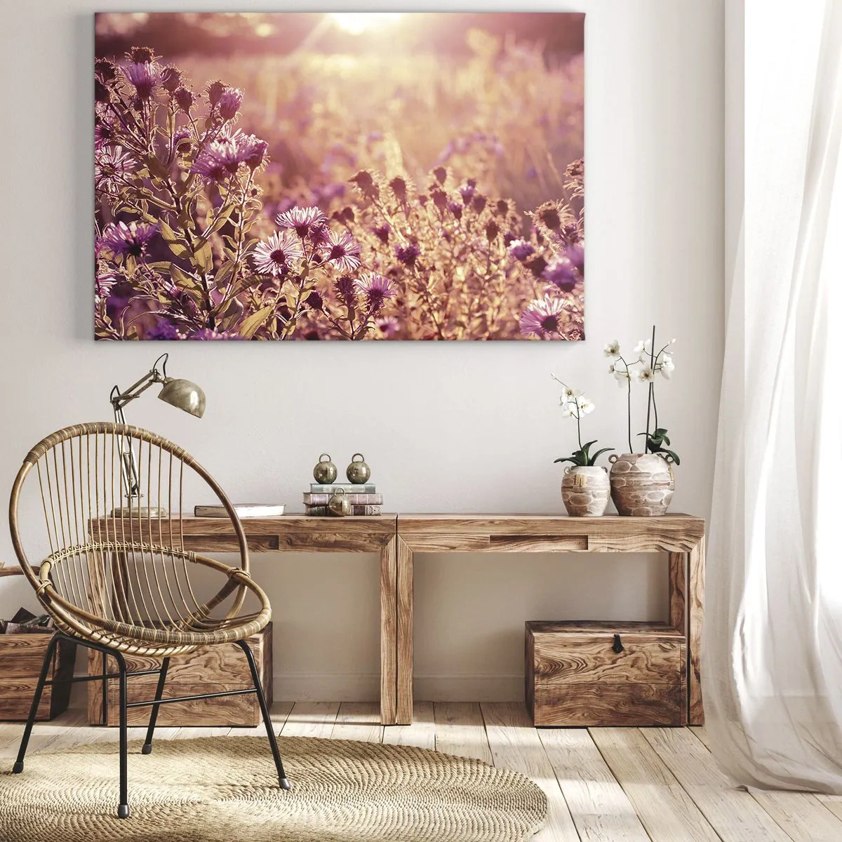 Bild auf Leinwand - Leinwandbild - Wiese im Licht der untergehenden Sonne - 120x80cm - Bevor der Sommer vorbei ist - Moderne Wanddekoration für Wohnzimmer und Schlafzimmer ARTTOR