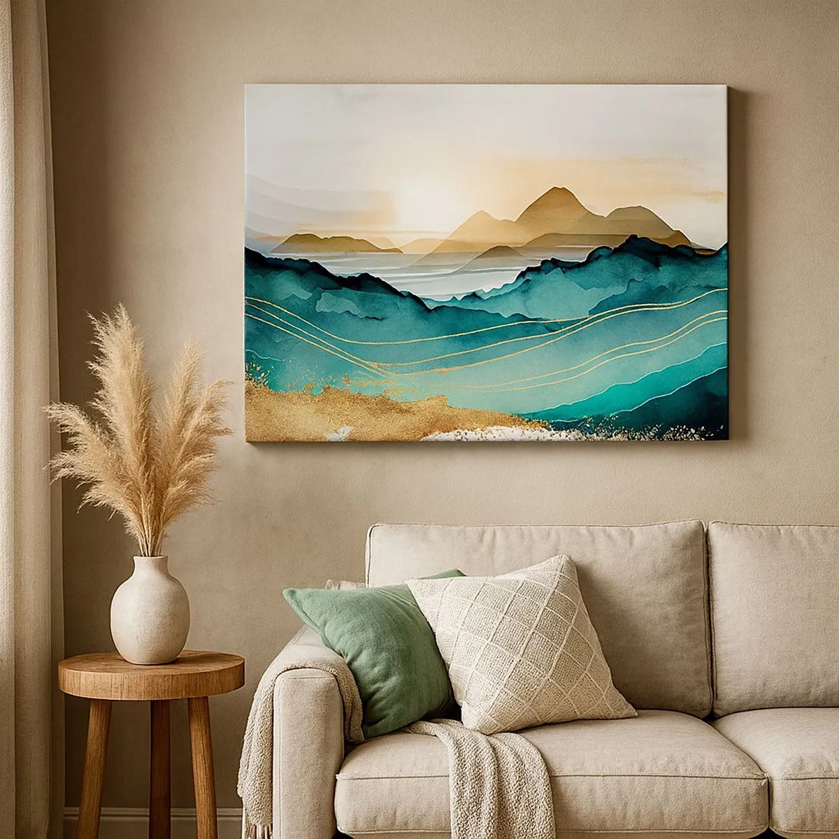 Bild auf Leinwand - Leinwandbild - Abstrakte Landschaft mit Bergen und goldenen Akzenten - 70x50cm - Am Rande der Abstraktion – Landschaft - Moderne Wanddekoration für Wohnzimmer und Schlafzimmer ARTTOR