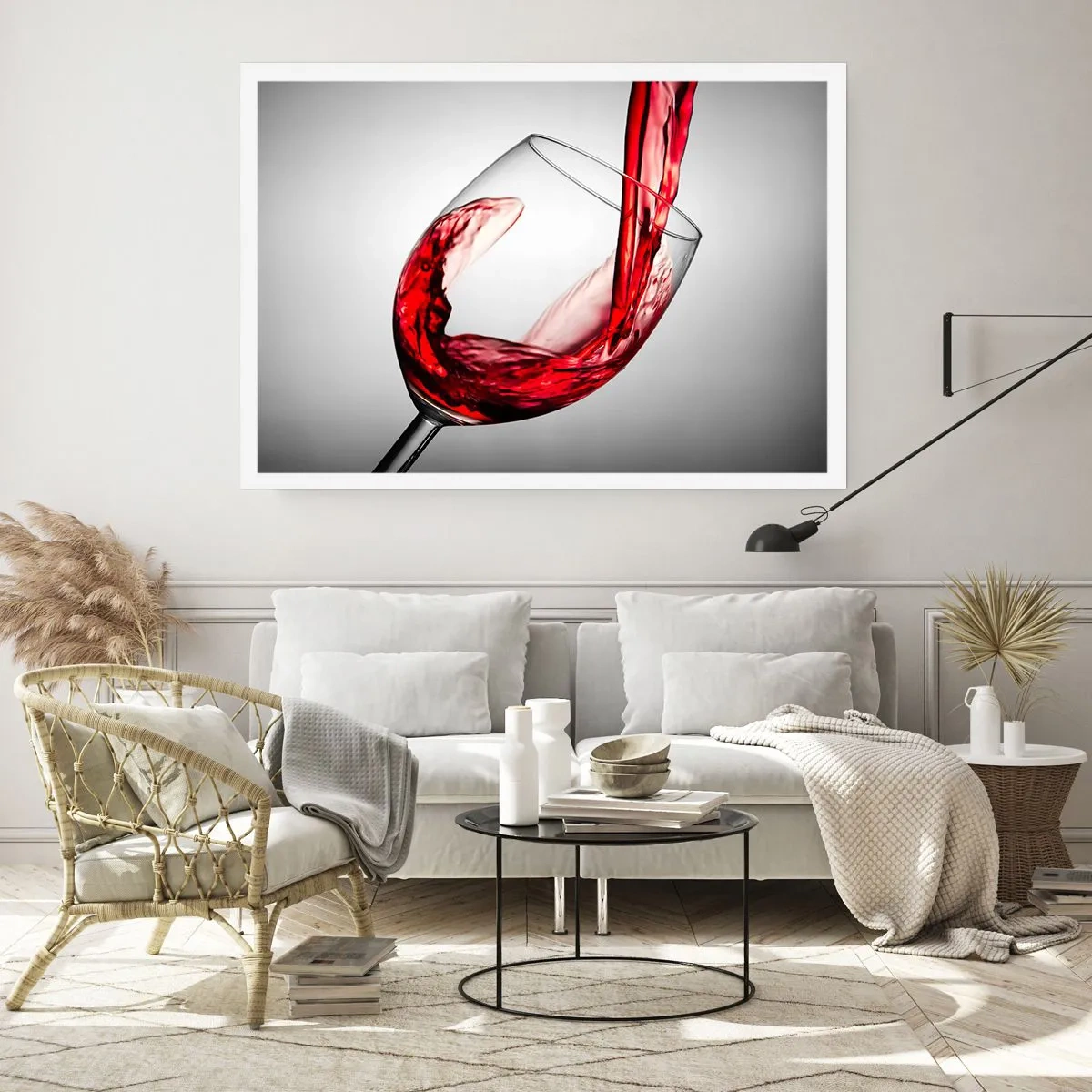 Poster - Ein Glas Rotwein wird vor hellem Hintergrund eingeschenkt - 100x70cm - Farbe – Bewegung – Klang - Moderne Wanddekoration für Wohnzimmer und Schlafzimmer ARTTOR