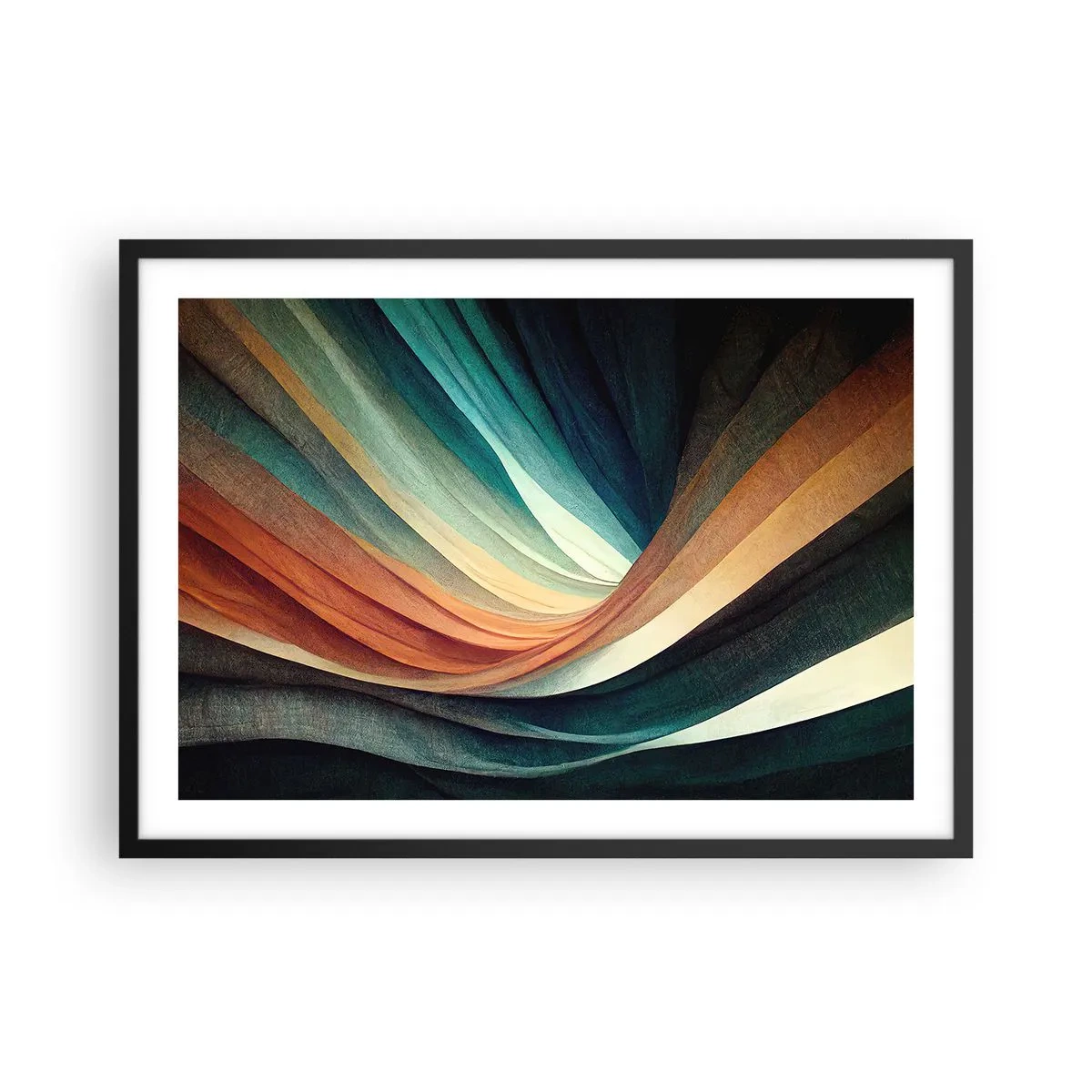 Poster in einem schwarzem Rahmen - Abstrakte Wellen in warmen und kühlen Farbtönen - 70x50cm - Aus Farben gewebt - Moderne Wanddekoration für Wohnzimmer und Schlafzimmer ARTTOR