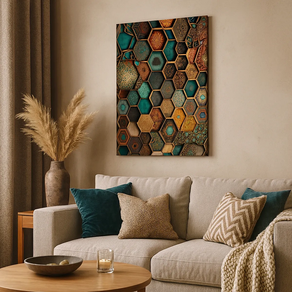 Bild auf Leinwand - Leinwandbild - Bunte Ornamente in sechseckigen Mustern - 50x70cm - Arabische Ornamente – Variation - Moderne Wanddekoration für Wohnzimmer und Schlafzimmer ARTTOR