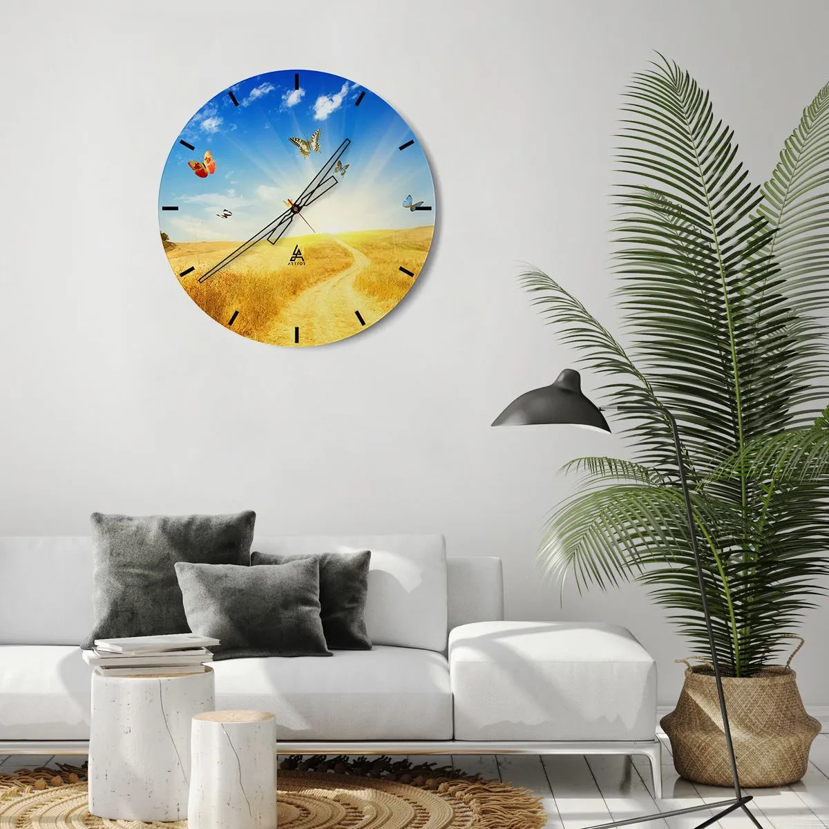 Wanduhr - Glasuhr - Ein Sommerlandschaftsmotiv mit Schmetterlingen vor dem Hintergrund goldener Felder - 30x30cm - Und wie kann man den Sommer nicht lieben? - Moderne Wanddekoration für Wohnzimmer, Küche und Schlafzimmer ARTTOR