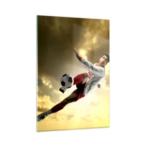 Glasbild - Bild auf glas - Ein Fußballspieler in Aktion vor einem goldenen Himmel - 50x70cm - Fußballhimmel - Moderne Wanddekoration für Wohnzimmer und Schlafzimmer ARTTOR