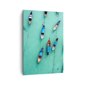 Bild auf Leinwand - Leinwandbild - Boote auf türkisfarbenem Wasser aus der Vogelperspektive - 70x100cm - In freudiger Erwartung - Moderne Wanddekoration für Wohnzimmer und Schlafzimmer ARTTOR
