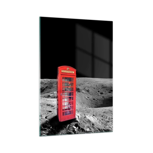 Glasbild - Bild auf glas - Rote Telefonzelle auf dem Mond - 70x100cm - Ein kosmischer Witz - Moderne Wanddekoration für Wohnzimmer und Schlafzimmer ARTTOR