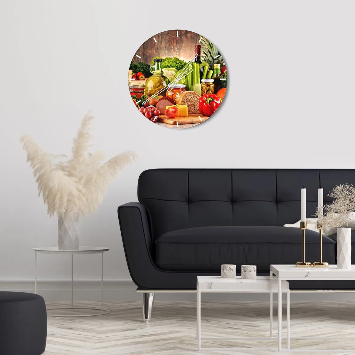 Wanduhr - Glasuhr - Verschiedene Lebensmittel auf einem hölzernen Hintergrund - 30x30cm - Geräuchert, gebacken und eingelegt - Moderne Wanddekoration für Wohnzimmer, Küche und Schlafzimmer ARTTOR