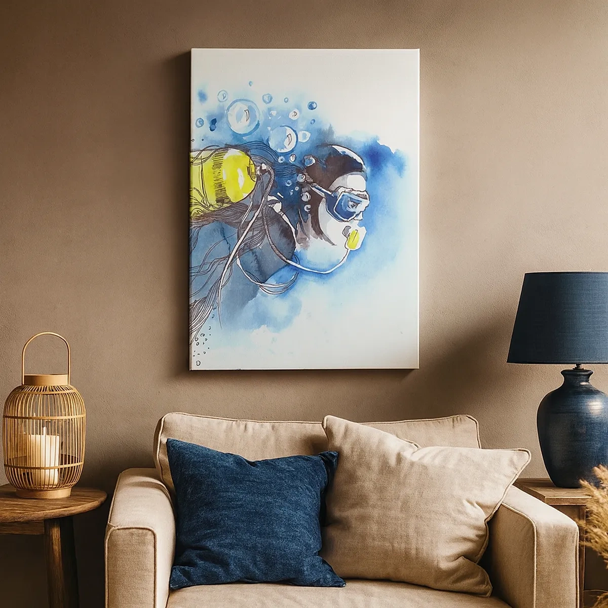 Bild auf Leinwand - Leinwandbild - Unterwasserszene mit einem Taucher und exotischen Fischen - 50x70cm - Tolles Blau - Moderne Wanddekoration für Wohnzimmer und Schlafzimmer ARTTOR