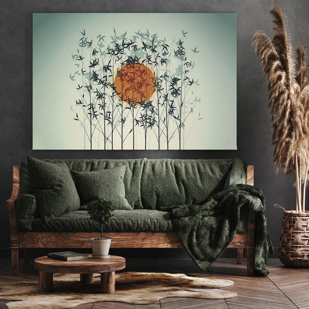 Bild auf Leinwand - Leinwandbild - Orange Sonne zwischen den Bambuszweigen - 100x70cm - Japanische Sonne - Moderne Wanddekoration für Wohnzimmer und Schlafzimmer ARTTOR
