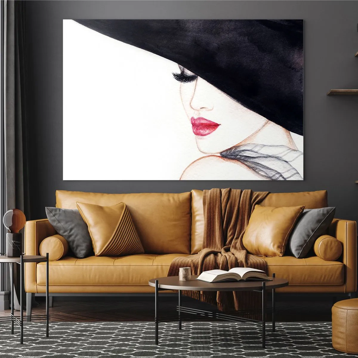 Glasbild - Bild auf glas - Ein subtiles Porträt einer Frau mit Hut und roten Lippen - 70x50cm - Eleganz und Sinnlichkeit - Moderne Wanddekoration für Wohnzimmer und Schlafzimmer ARTTOR