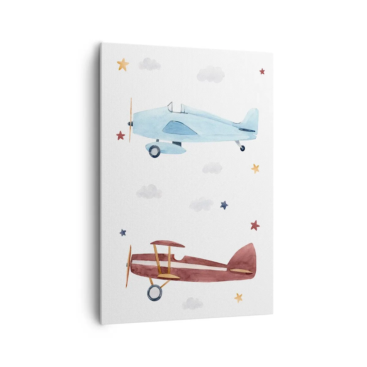 Bild auf Leinwand - Leinwandbild - Handbemalte Flugzeuge vor einem Hintergrund aus Wolken und Sternen - 70x100cm - Wir warten, Herr Pilot! - Moderne Wanddekoration für Wohnzimmer und Schlafzimmer ARTTOR