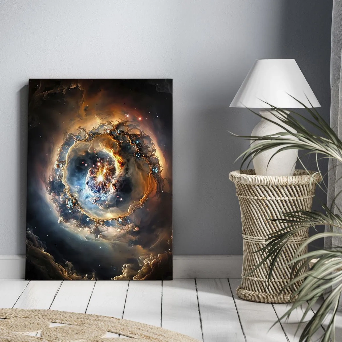 Bild auf Leinwand - Leinwandbild - Eine abstrakte Vision einer kosmischen Explosion in Gold- und Blautönen. - 70x100cm - Anfang - Moderne Wanddekoration für Wohnzimmer und Schlafzimmer ARTTOR