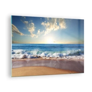Glasbild - Bild auf glas - Meereswellen brechen bei Sonnenaufgang an einem goldenen Strand - 70x50cm - Bewegung und Stille zugleich - Moderne Wanddekoration für Wohnzimmer und Schlafzimmer ARTTOR
