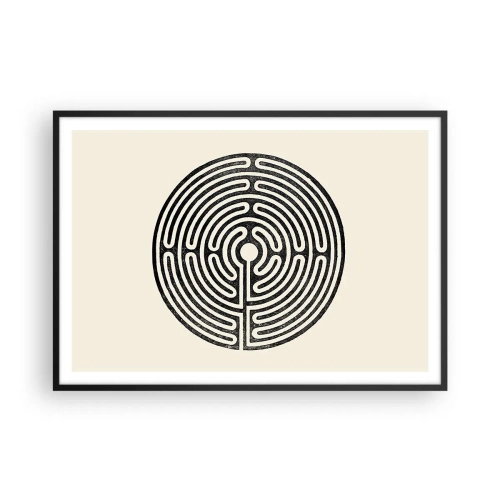 Poster in einem schwarzem Rahmen - Schwarz-weißes kreisförmiges Labyrinth auf hellem Hintergrund - 100x70cm - Geheimnisvolle Ordnung - Moderne Wanddekoration für Wohnzimmer und Schlafzimmer ARTTOR