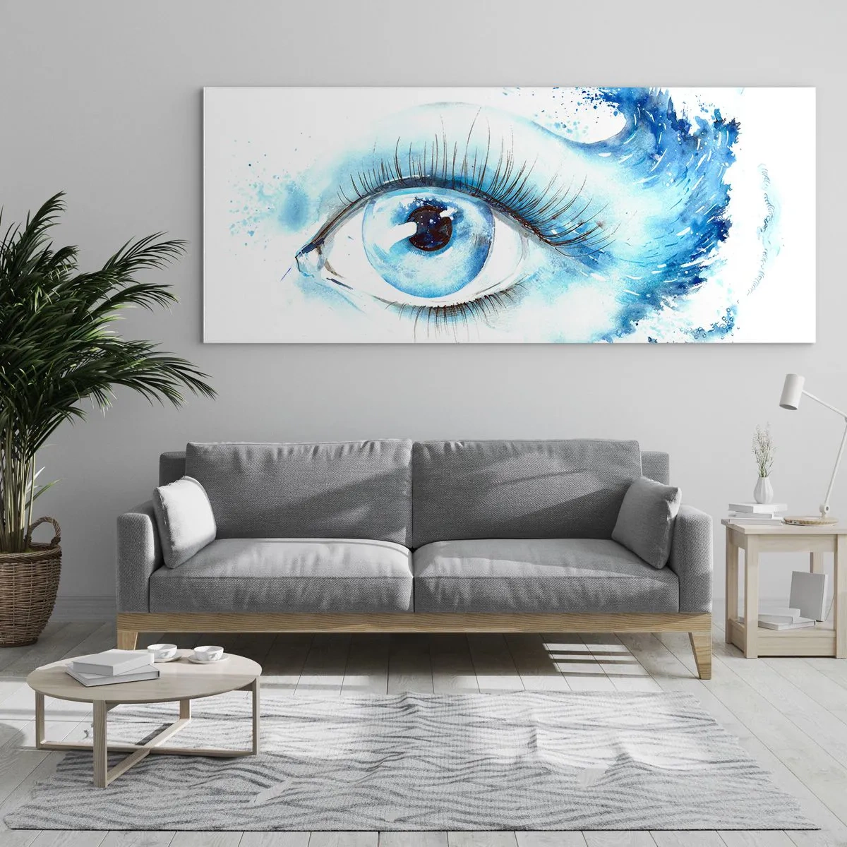 Glasbild - Bild auf glas - Künstlerisches Aquarell eines Auges mit einer dynamischen Welle - 140x50cm - Tauchen Sie ein in das Blau der Blicke - Moderne Wanddekoration für Wohnzimmer und Schlafzimmer ARTTOR