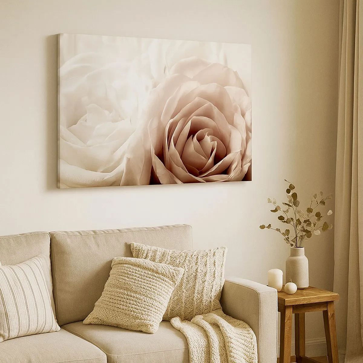 Bild auf Leinwand - Leinwandbild - Zarte Rosen in pastelligen Beigetönen - 70x50cm - Im Herzen der Rose - Moderne Wanddekoration für Wohnzimmer und Schlafzimmer ARTTOR