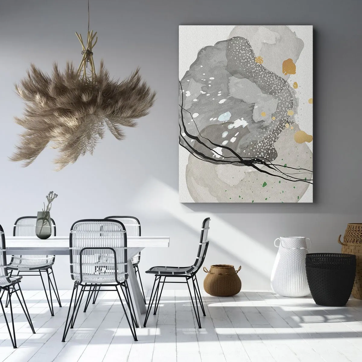 Bild auf Leinwand - Leinwandbild - Organische Formen in Grautönen mit Akzenten in Schwarz und Gold - 70x100cm - Organische Komposition - Moderne Wanddekoration für Wohnzimmer und Schlafzimmer ARTTOR