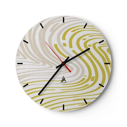 Wanduhr - Glasuhr - Abstrakte Linien in Beige und Gelb erzeugen ein wirbelndes Muster. - 30x30cm - Komposition mit sanfter Biegung - Moderne Wanddekoration für Wohnzimmer, Küche und Schlafzimmer ARTTOR