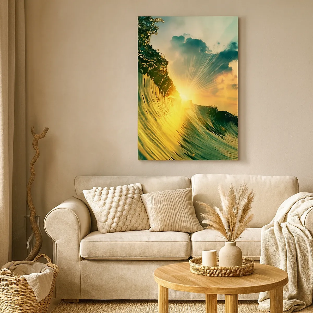 Bild auf Leinwand - Leinwandbild - Eine Welle mit untergehender Sonne und beleuchteten Wolken - 50x70cm - Surfer, wo bist du? - Moderne Wanddekoration für Wohnzimmer und Schlafzimmer ARTTOR