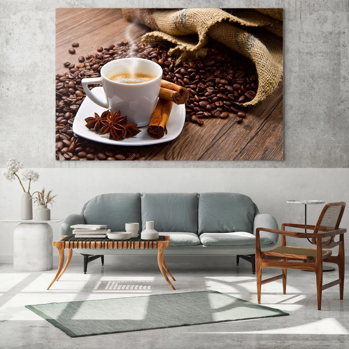 Glasbild - Bild auf glas - Eine Tasse Kaffee mit Zimt und Kaffeebohnen auf einem Holztisch - 70x50cm - Würziger Geschmack und Aroma - Moderne Wanddekoration für Wohnzimmer und Schlafzimmer ARTTOR