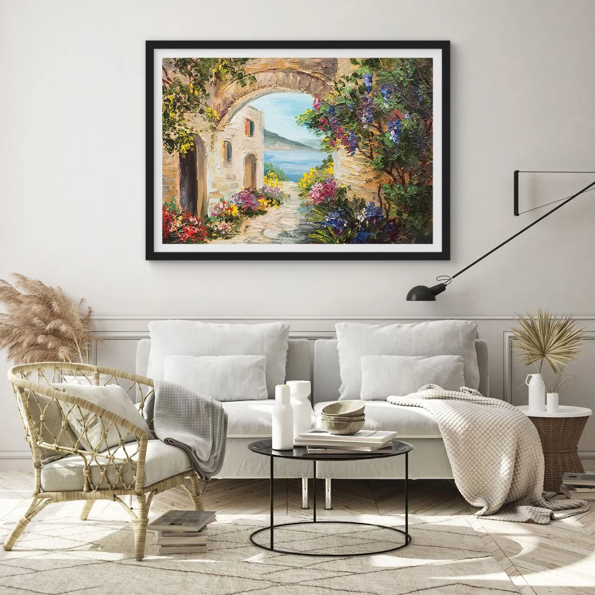 Poster in einem schwarzem Rahmen - Küstenlandschaft mit Steingebäuden und Blumen - 70x50cm - Charme einer Küstenprovinz - Moderne Wanddekoration für Wohnzimmer und Schlafzimmer ARTTOR