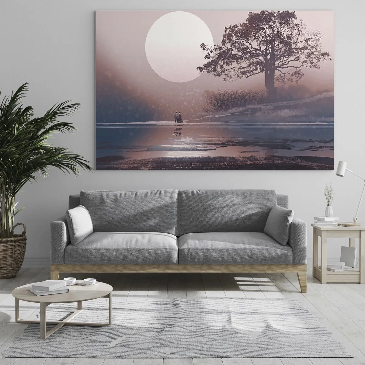 Glasbild - Bild auf glas - Eine zauberhafte Landschaft mit Baum, Mond und Figuren - 120x80cm - Wunder der Nacht - Moderne Wanddekoration für Wohnzimmer und Schlafzimmer ARTTOR