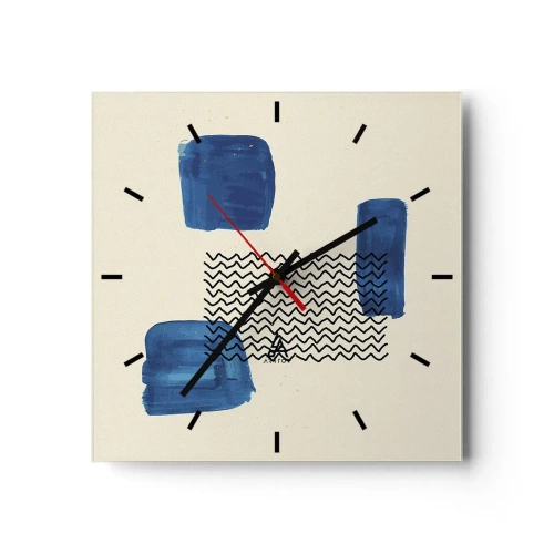 Wanduhr - Glasuhr - Abstrakte Komposition mit blauen Flecken und Wellenlinien - 30x30cm - Ein abstraktes Quartett - Moderne Wanddekoration für Wohnzimmer und Schlafzimmer ARTTOR