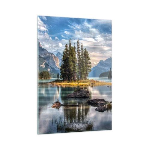 Glasbild - Bild auf glas - Ein malerischer See mit einer Insel und Bergen im Hintergrund - 50x70cm - An dem tollen und sauberen Wasser ... - Moderne Wanddekoration für Wohnzimmer und Schlafzimmer ARTTOR