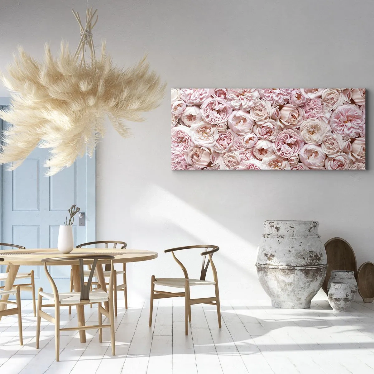 Bild auf Leinwand - Leinwandbild - Zarte Rosen in Rosatönen auf der gesamten Oberfläche - 140x50cm - Auf Rosen gebettet - Moderne Wanddekoration für Wohnzimmer und Schlafzimmer ARTTOR