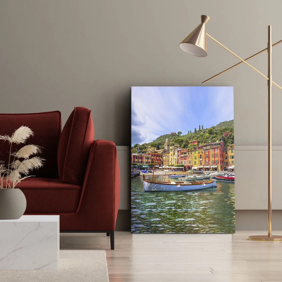 Bild auf Leinwand - Leinwandbild - Bunte Stadthäuser und Boote in einer italienischen Küstenstadt - 50x70cm - Italienischer Morgen - Moderne Wanddekoration für Wohnzimmer und Schlafzimmer ARTTOR