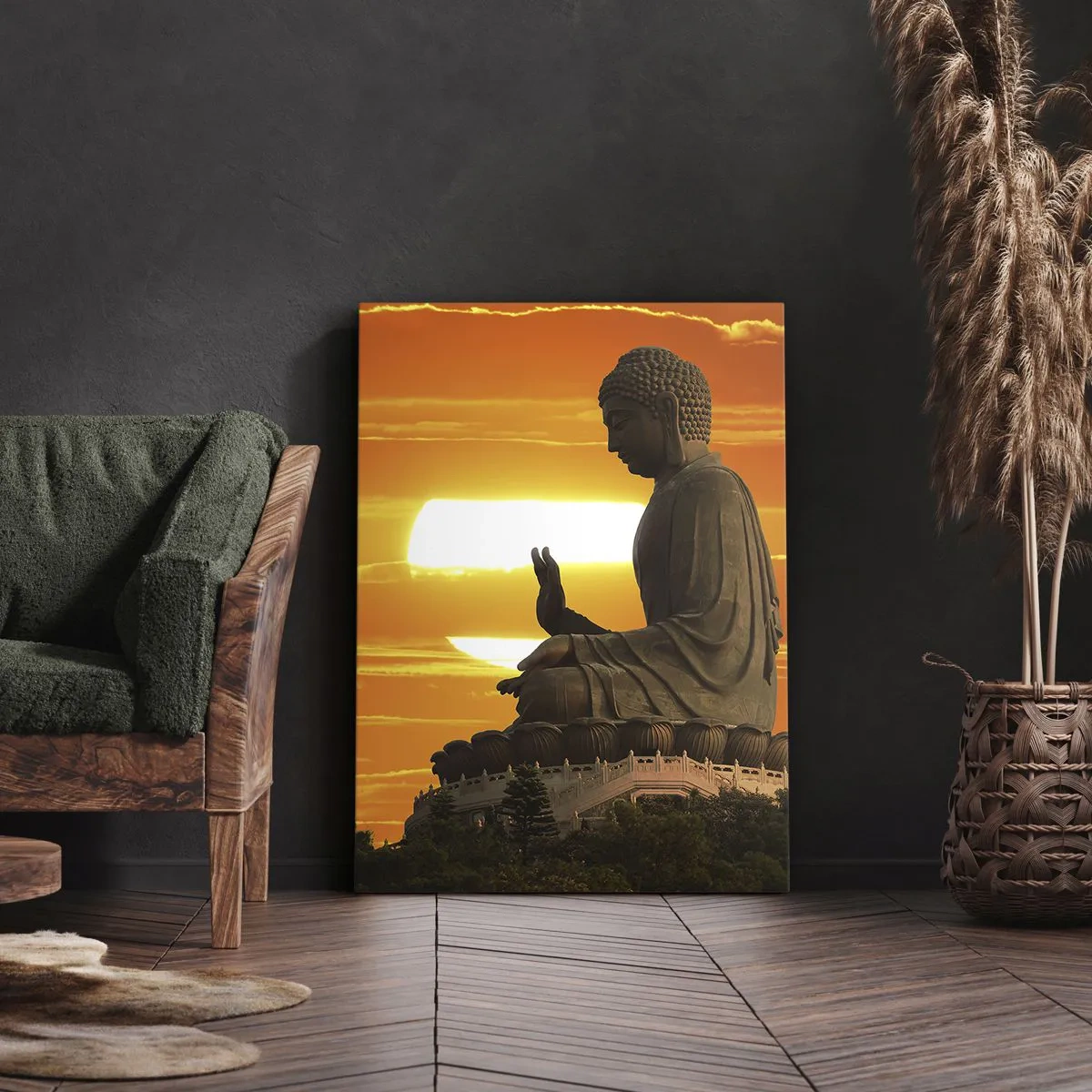 Bild auf Leinwand - Leinwandbild - Eine buddhistische Statue vor dem Hintergrund eines orangefarbenen Sonnenuntergangs - 80x120cm - Keine Angst vor der Welt - Moderne Wanddekoration für Wohnzimmer und Schlafzimmer ARTTOR