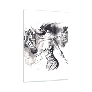 Glasbild - Bild auf glas - Eine Frau in einem dynamischen Tanz mit Zebras in einer Schwarz-Weiß-Ästhetik - 80x120cm - Tanzen mit den Zebras - Moderne Wanddekoration für Wohnzimmer und Schlafzimmer ARTTOR