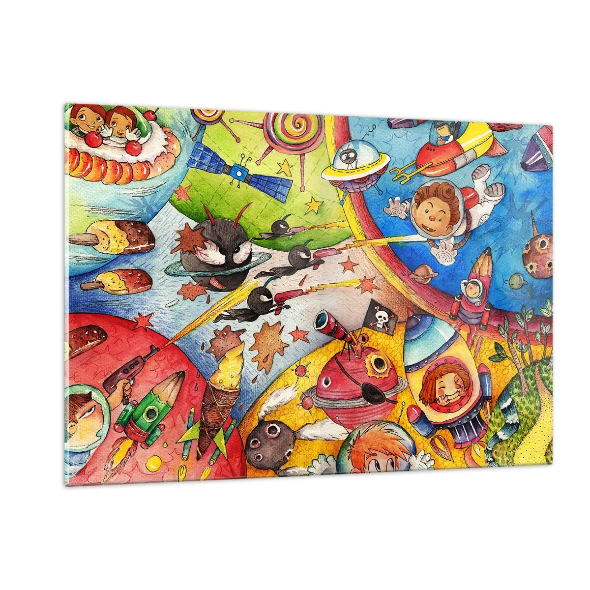 Glasbild - Bild auf glas - Eine farbenfrohe Illustration eines Weltraumabenteuers für Kinder - 120x80cm - Tolles Weltraumabenteuer - Moderne Wanddekoration für Wohnzimmer und Schlafzimmer ARTTOR