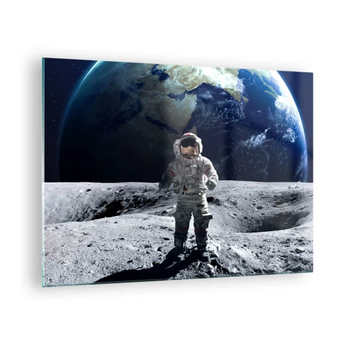 Glasbild - Bild auf glas - Astronaut auf der Mondoberfläche mit der Erde im Hintergrund - 70x50cm - Grüße vom Mond - Moderne Wanddekoration für Wohnzimmer und Schlafzimmer ARTTOR