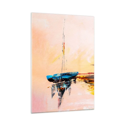 Glasbild - Bild auf glas - Bunte Boote vor der Kulisse eines impressionistischen Sonnenuntergangs - 50x70cm - Abend im Yachthafen - Moderne Wanddekoration für Wohnzimmer und Schlafzimmer ARTTOR
