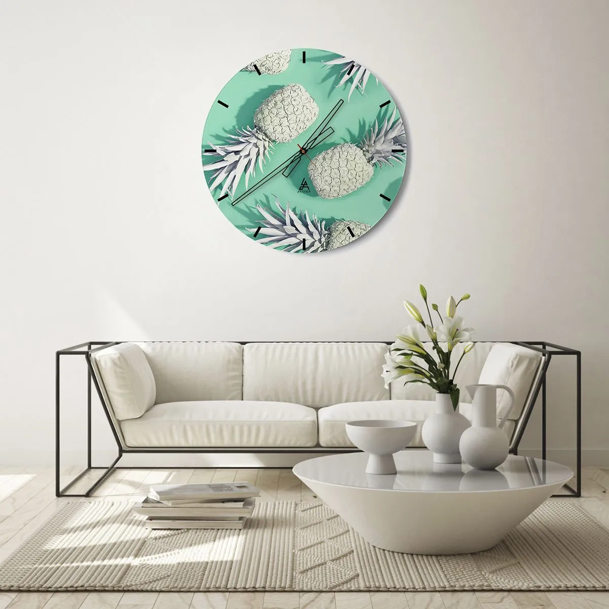 Wanduhr - Glasuhr - Weiße Ananas auf mintgrünem Hintergrund im minimalistischen Stil - 30x30cm - Das passt gut zu Minze - Moderne Wanddekoration für Wohnzimmer, Küche und Schlafzimmer ARTTOR