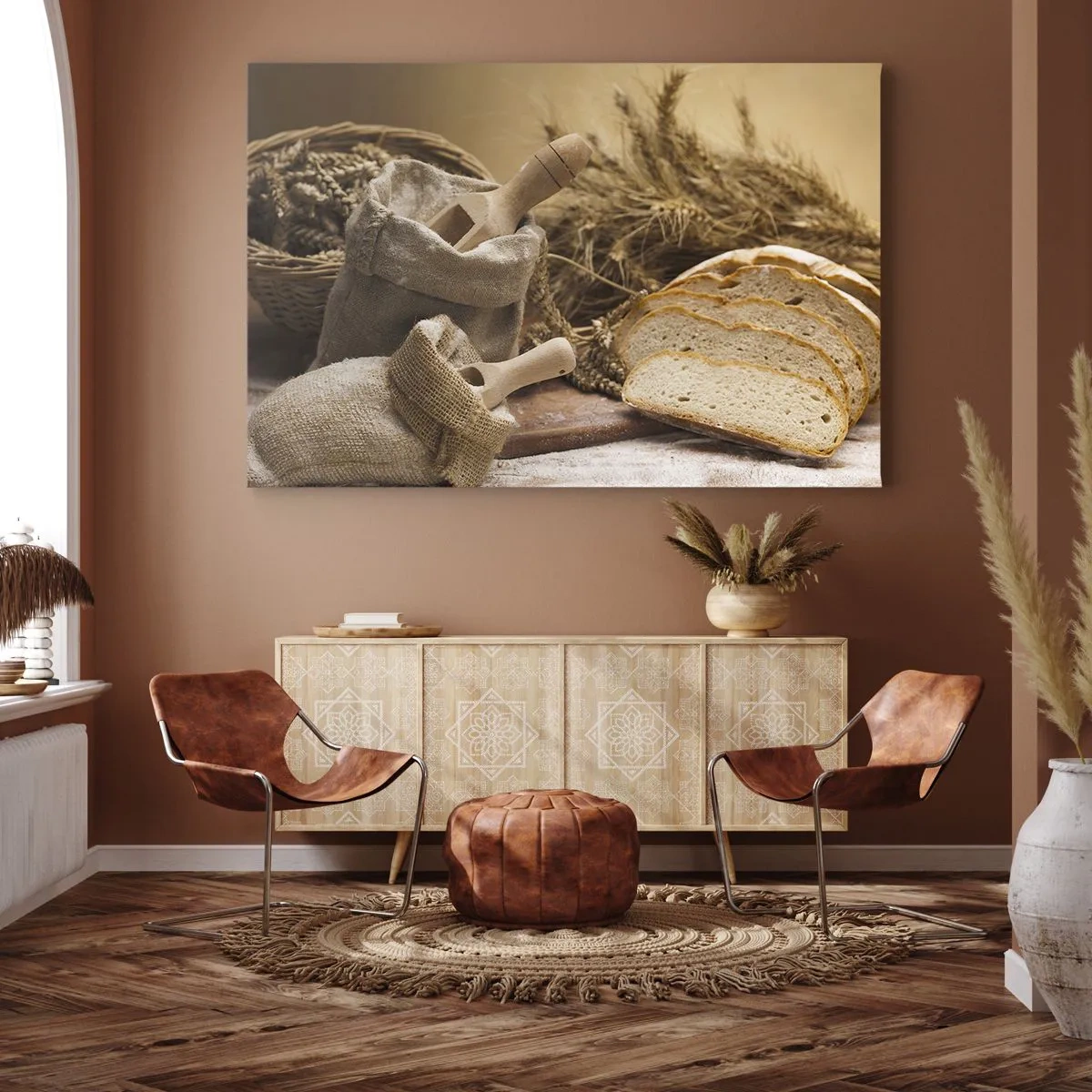 Bild auf Leinwand - Leinwandbild - Eine Landschaft mit Brot, Mehl und Ähren im rustikalen Stil. - 70x50cm - Wie mit einem Messer geschnitten - Moderne Wanddekoration für Wohnzimmer und Schlafzimmer ARTTOR
