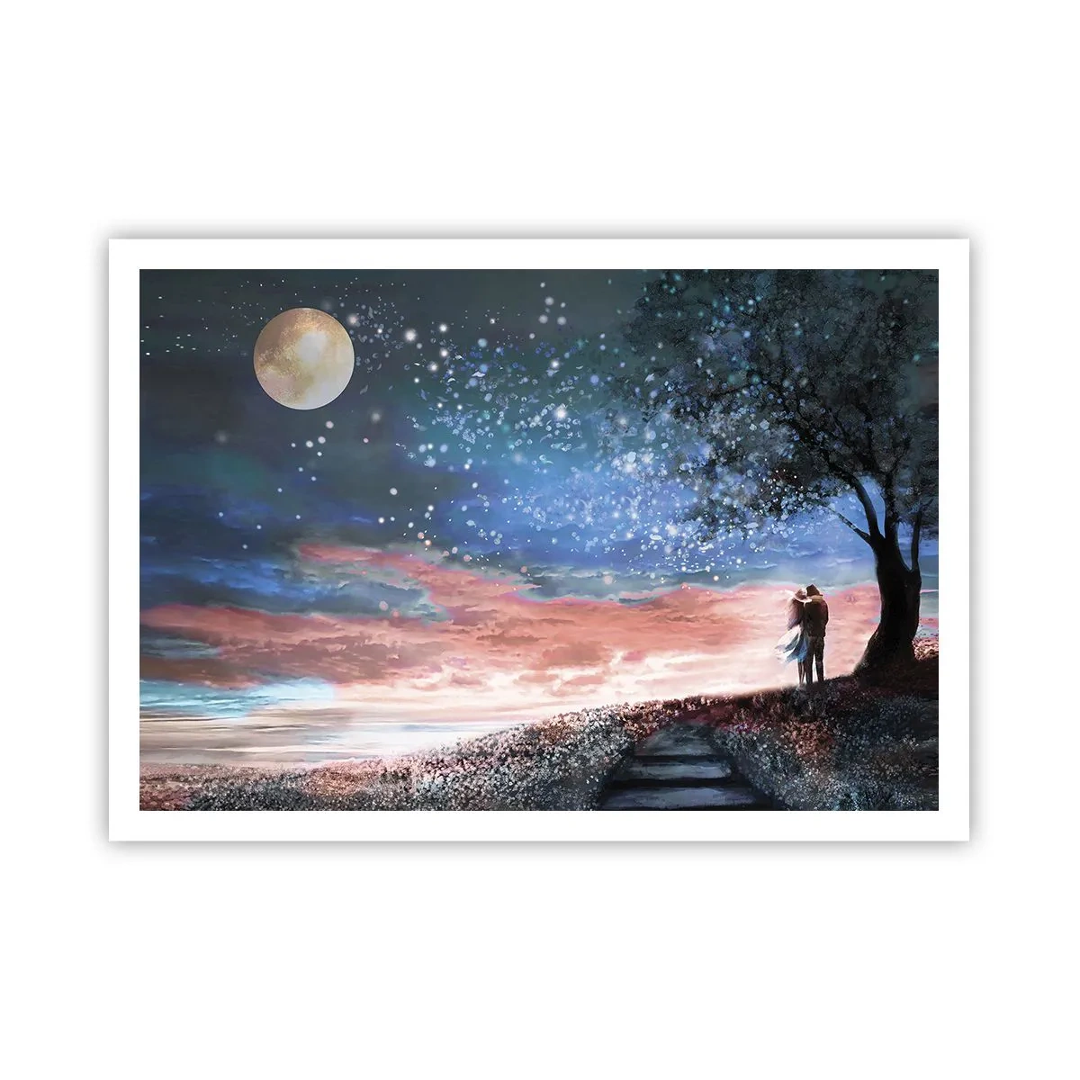 Poster - Romantische Paarszene unter Vollmond - 100x70cm - Ein sternenklares Spektakel - Moderne Wanddekoration für Wohnzimmer und Schlafzimmer ARTTOR