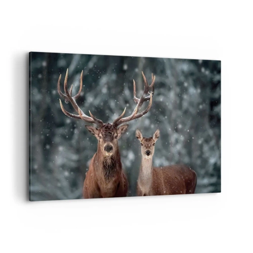 Bild auf Leinwand - Leinwandbild - Hirsche im verschneiten Winterwald - 120x80cm - Herr des Waldes mit seiner Frau - Moderne Wanddekoration für Wohnzimmer und Schlafzimmer ARTTOR