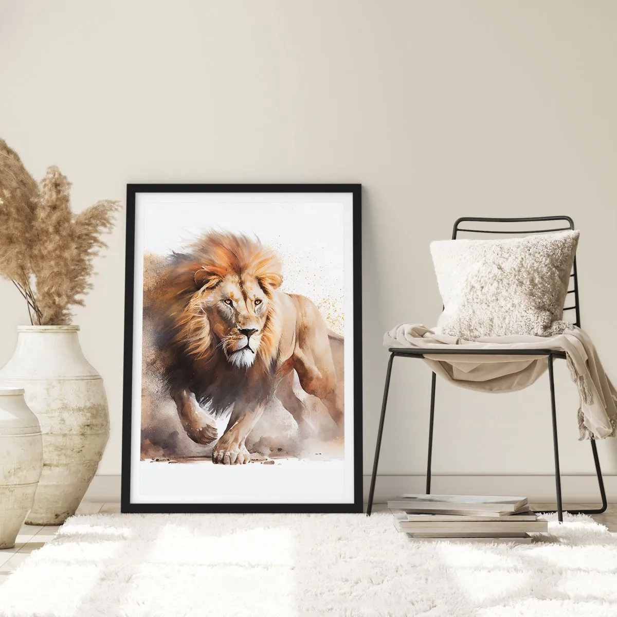 Poster in einem schwarzem Rahmen - Ein stattlicher Löwe in Bewegung im malerischen Stil - 50x70cm - Der König zog um - Moderne Wanddekoration für Wohnzimmer und Schlafzimmer ARTTOR
