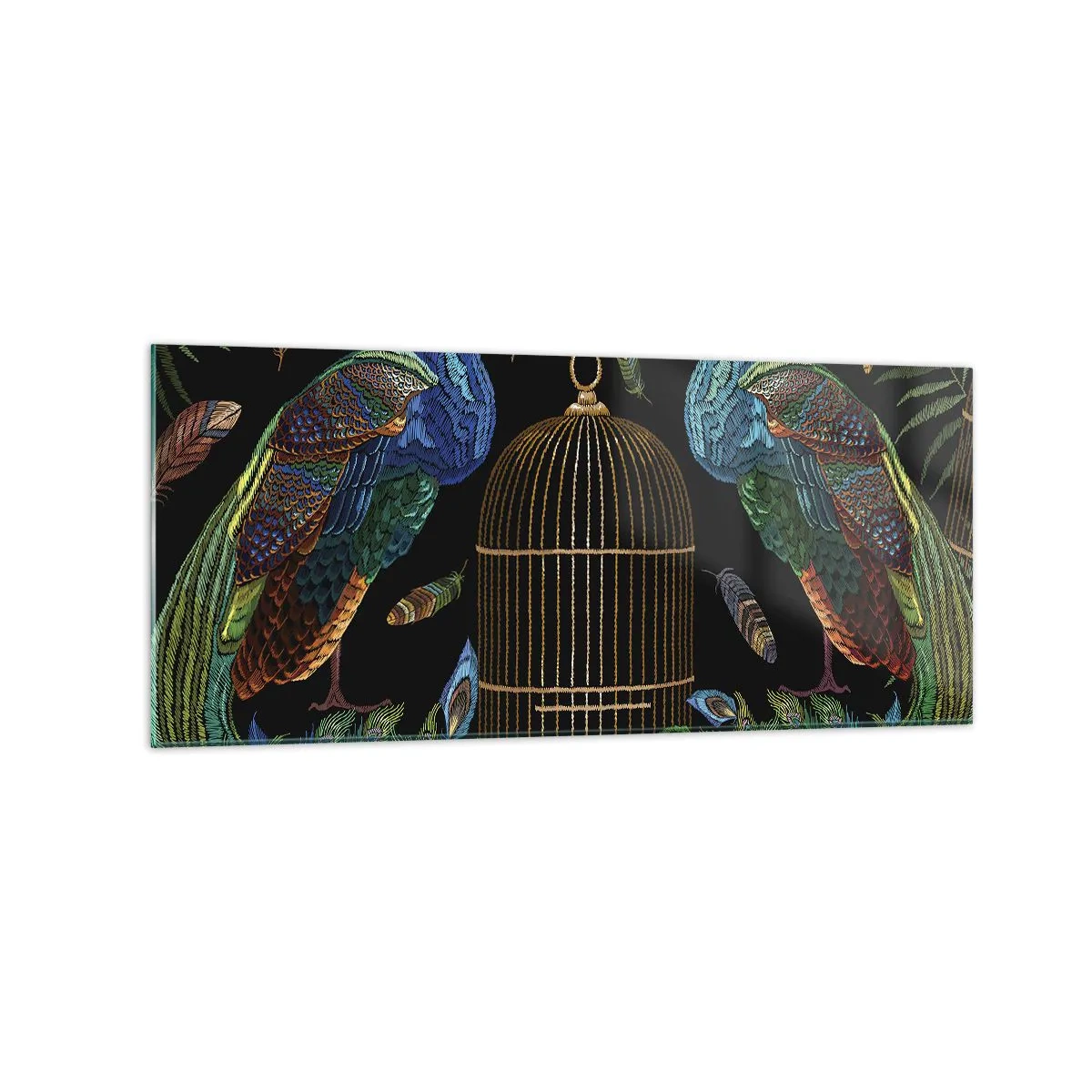 Glasbild - Bild auf glas - Pfauen neben einem goldenen Käfig auf schwarzem Hintergrund - 120x50cm - In königlichen Gewändern - Moderne Wanddekoration für Wohnzimmer und Schlafzimmer ARTTOR